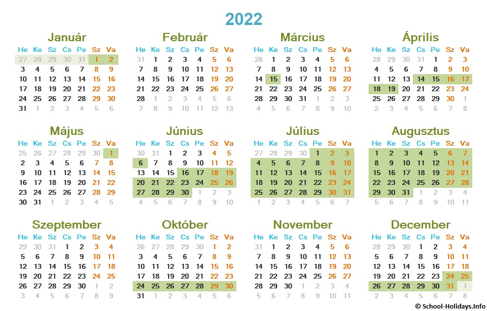 Koulun lomat Unkarissa 2022, kalenteri