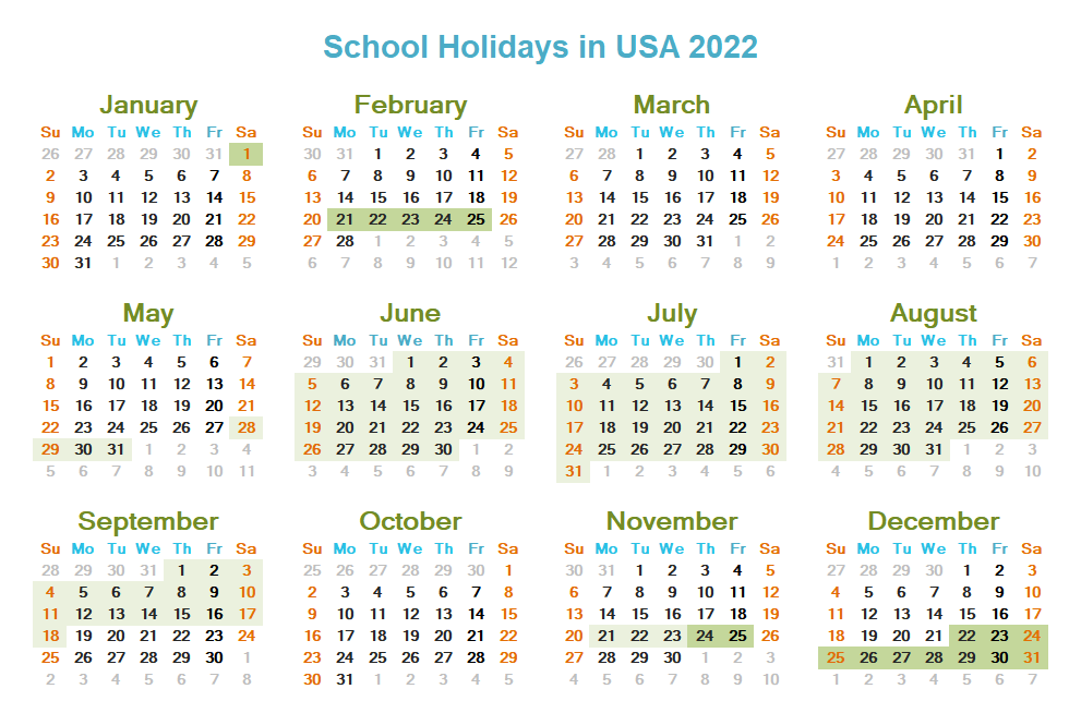 US school holidays 2022